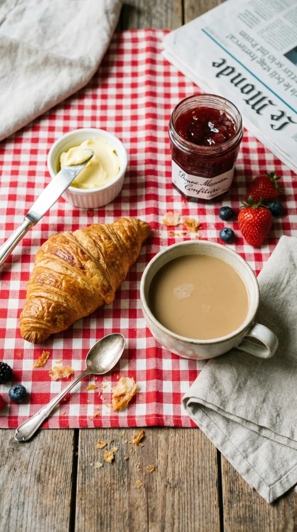 French breakfast spread with croissants, coffee, and fresh fruit
