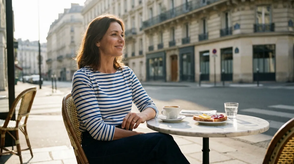 Morning at a French cafe terrace with coffee and pastries