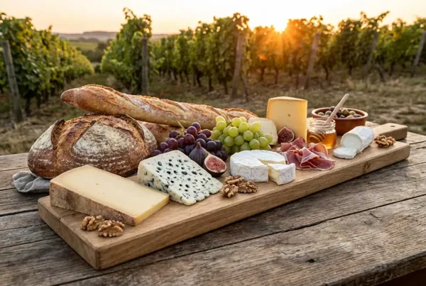 French cheese board with bread and wine