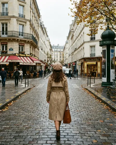 French woman walking through a tree-lined boulevard